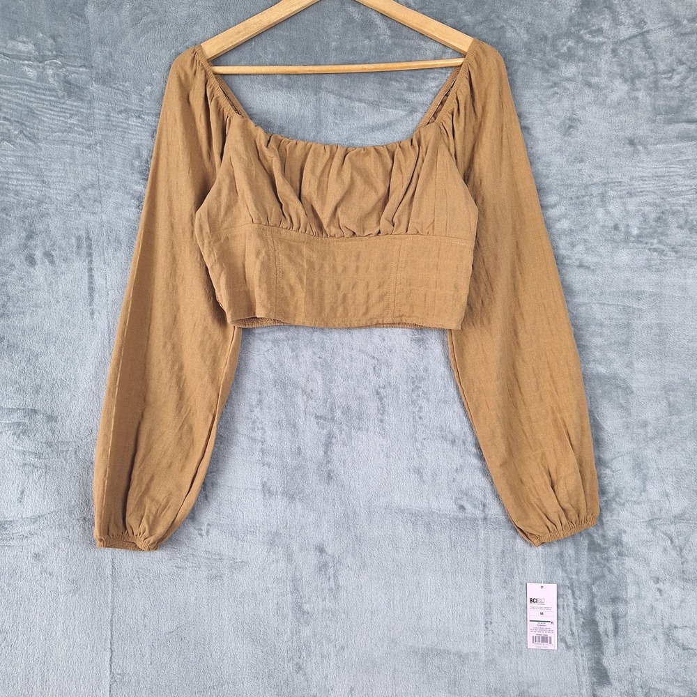 Womens Top Medium Brown Crop Smocked Milkmaid Bustier Corset Boho Babydoll Fairy